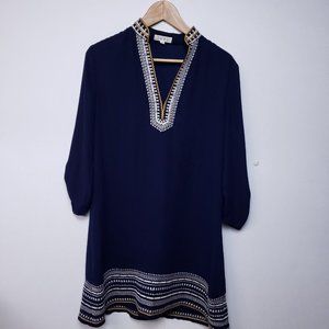 THML Dress Embroidered V-Neck Boho 3/4 Roll Sleeve Knee Length V Neck Flowy